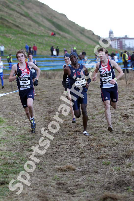 Junior Men, Mark Shaw, winner Kirubel Erassa and Kieron Clements, BUPA Great Edinburgh Cross Country.